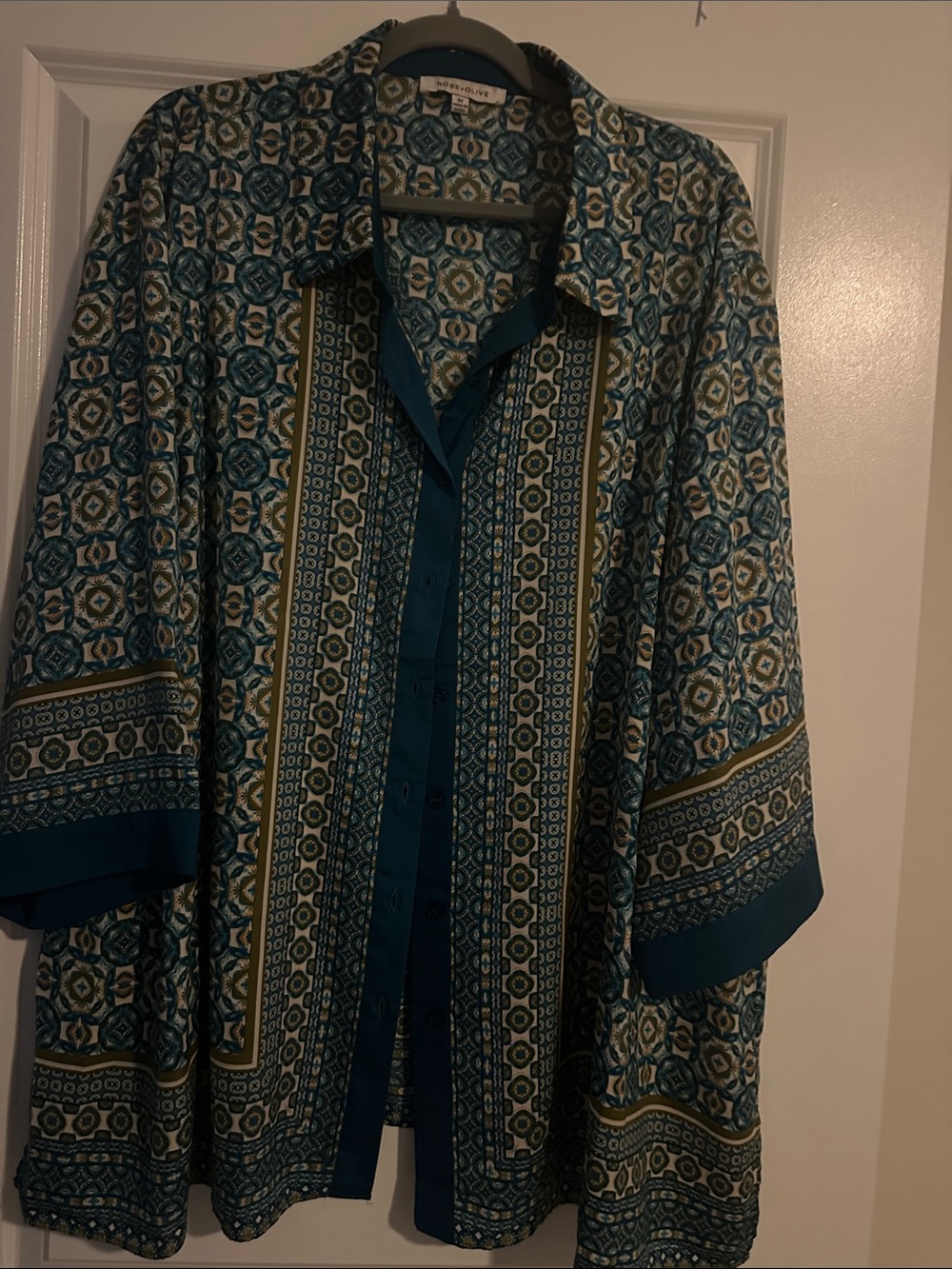 Rose & Olive Teal and Cream Geometric Button-Up Shirt Jacket